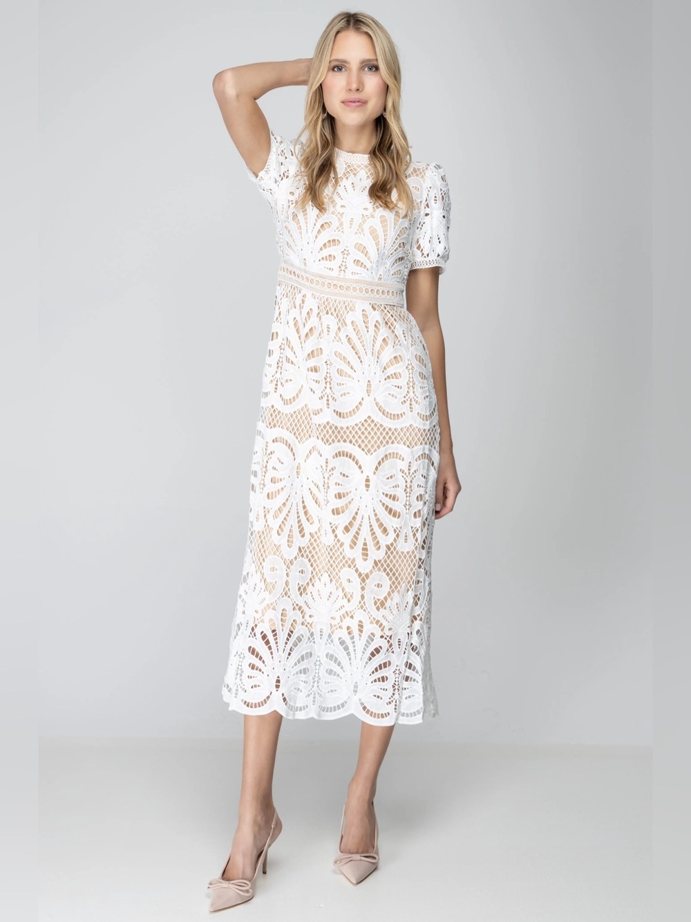 Shop Stevie White Lace Midi Dress Size Small Bridal Shower Wedding
